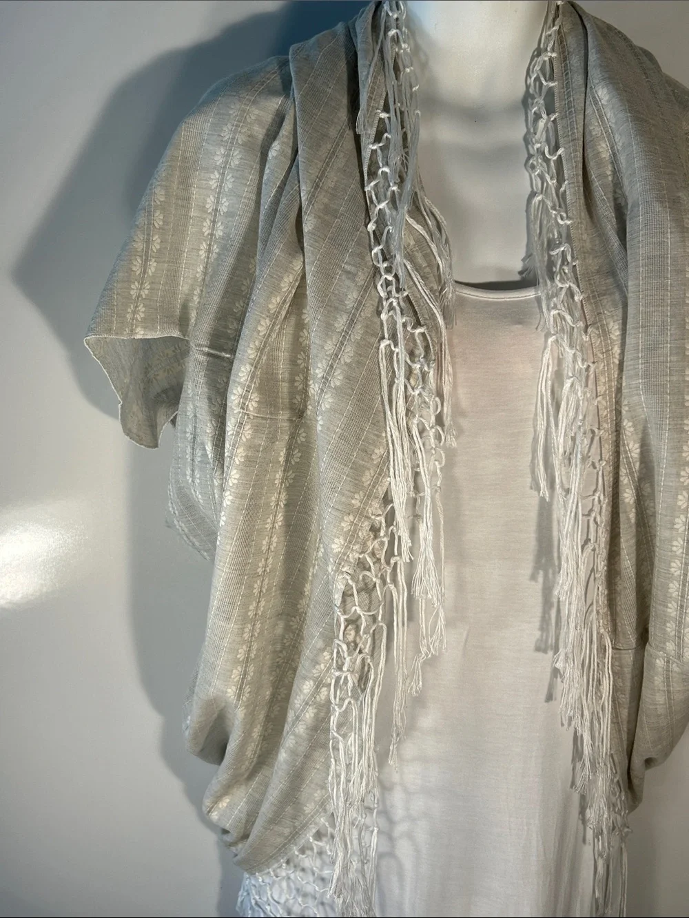 Free People Natural Colored Fringe Shawl / Open Cardigan Layer Boho Cottage